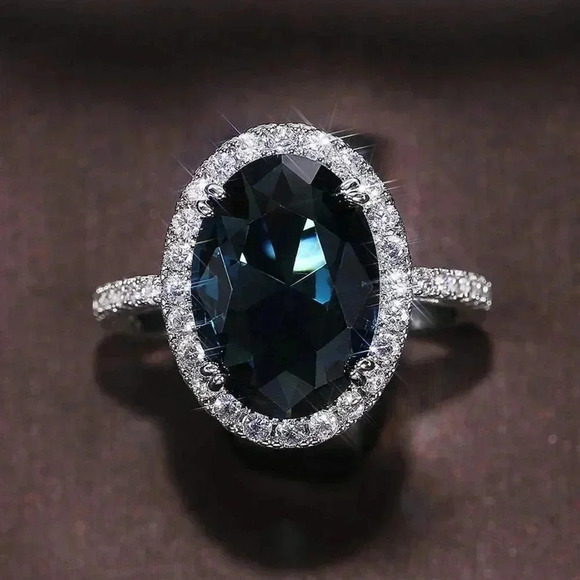▶Noble Hollow Anillos Super Large Oval Pure Royal Blue CZ Silver Ring, L263 - Picture 5 of 7